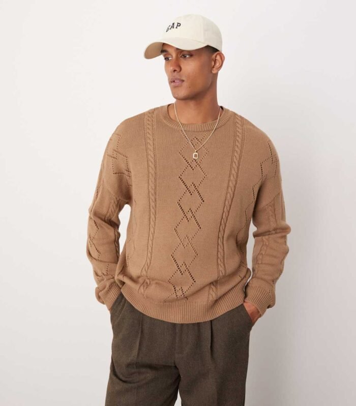 DESIGN oversized boxy fit cable knitted jumper in brown
