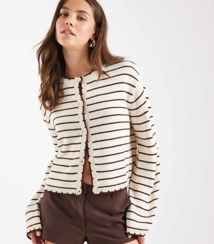 Miss Selfridge stiped blanket stitch cardigan in buttermilk