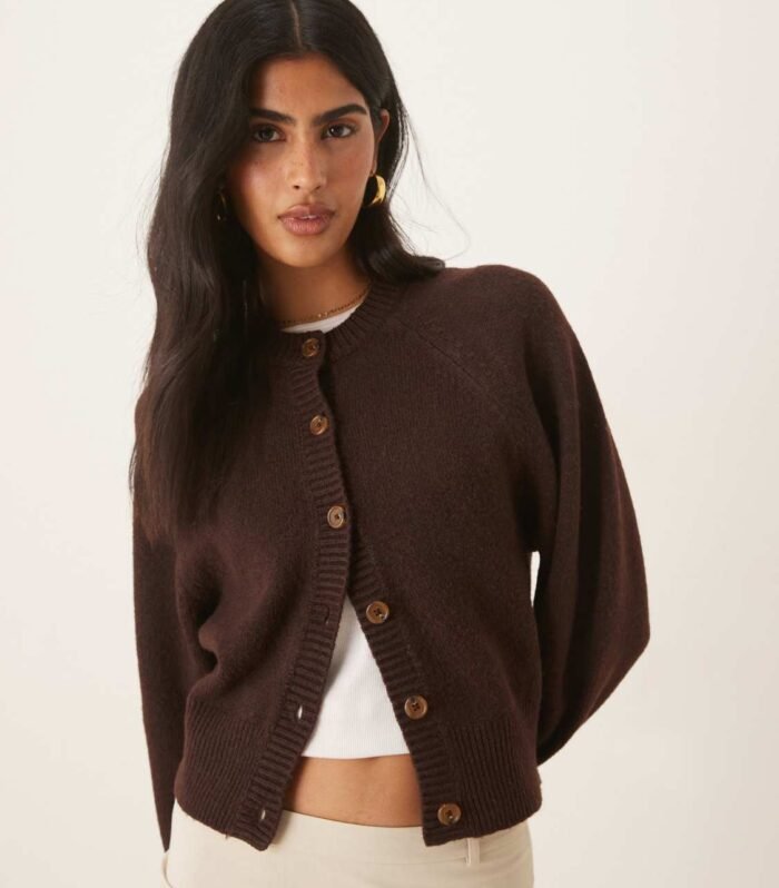 DESIGN crew neck cardigan with raglan sleeve detail in chocolate