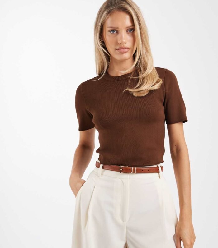 Brave Soul compact knit short sleeve jumper in chocolate brown
