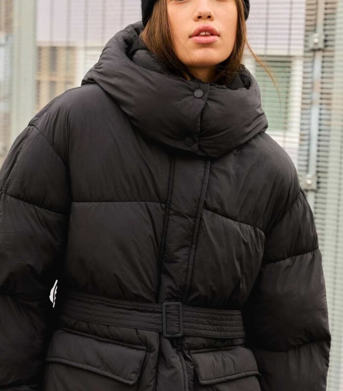 Bershka 3/4 length belted puffer coat in black