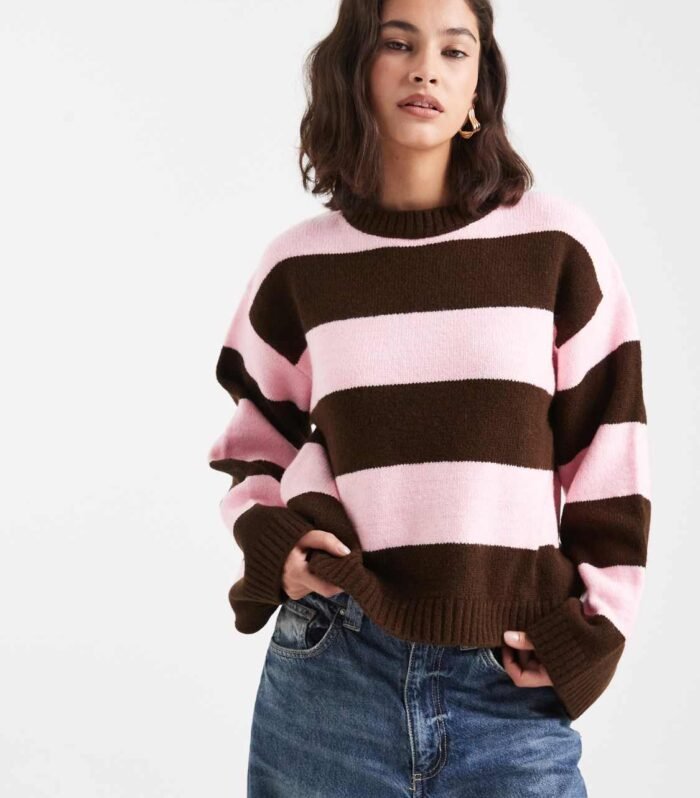 DESIGN boxy fit knitted jumper in wide stripe in brown and pink