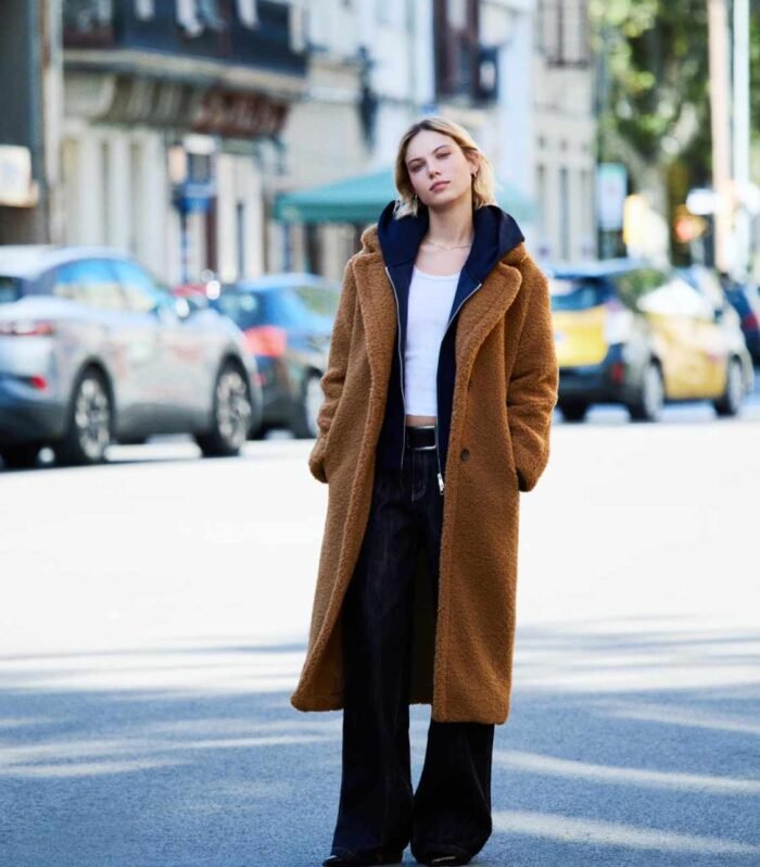 Bershka Long faux shearling coat in camel
