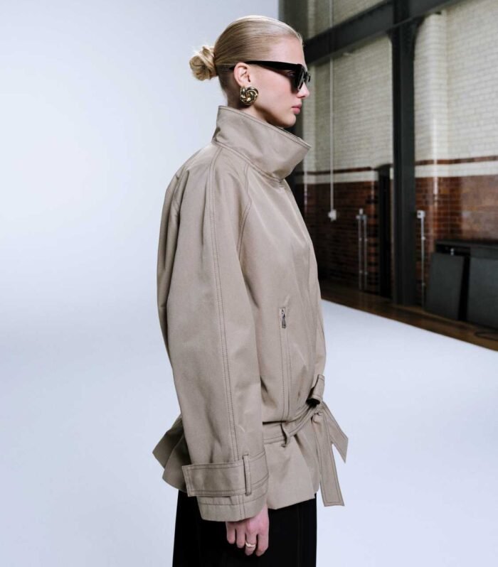 DESIGN drop belt mid length trench coat in stone