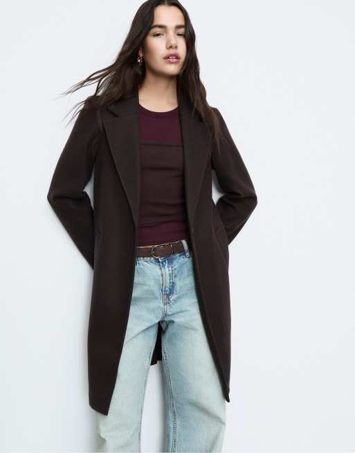 Stradivarius Soft-touch button-up midi coat in brown